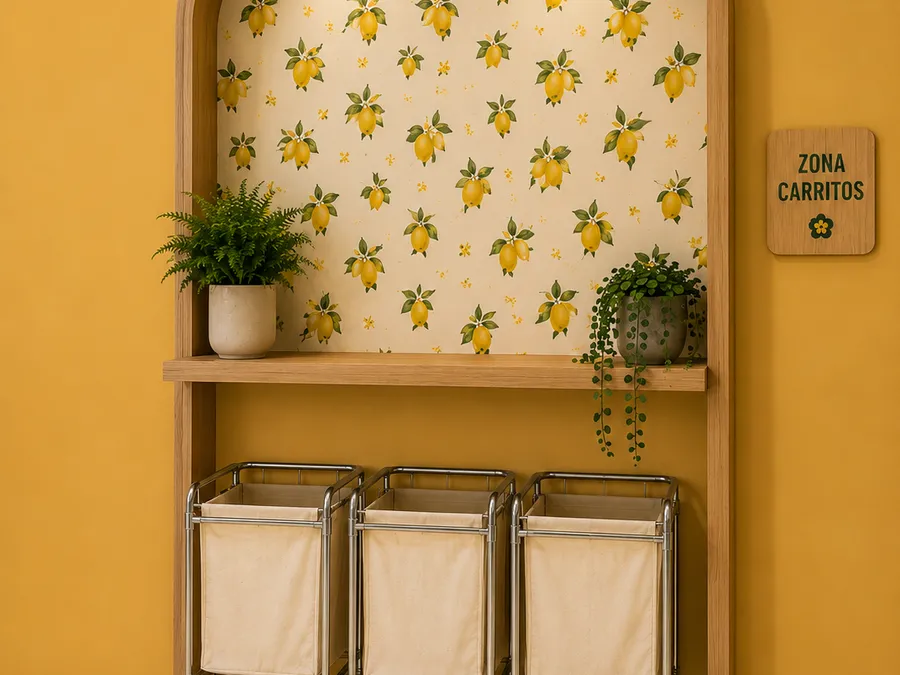 Zona de carritos con papel pintado de limones, proyecto El Ratico