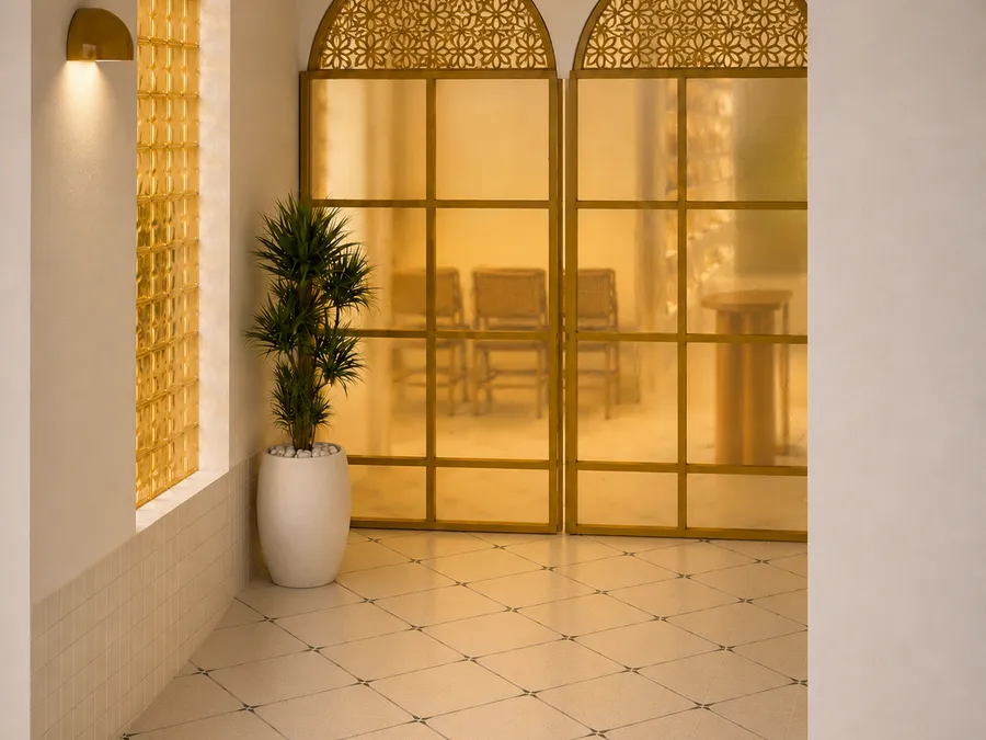 Pasillo con puertas doradas acristaladas, proyecto El Ratico