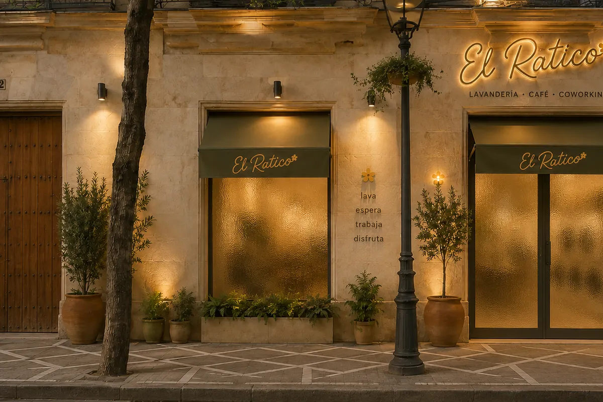 Fachada de El Ratico de noche, con el rótulo luminoso